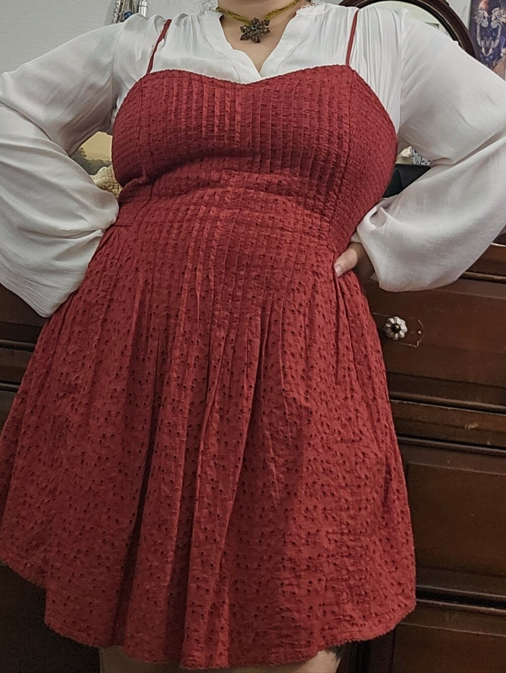 Aerie Red eyelet sweetheart neckline mini dress